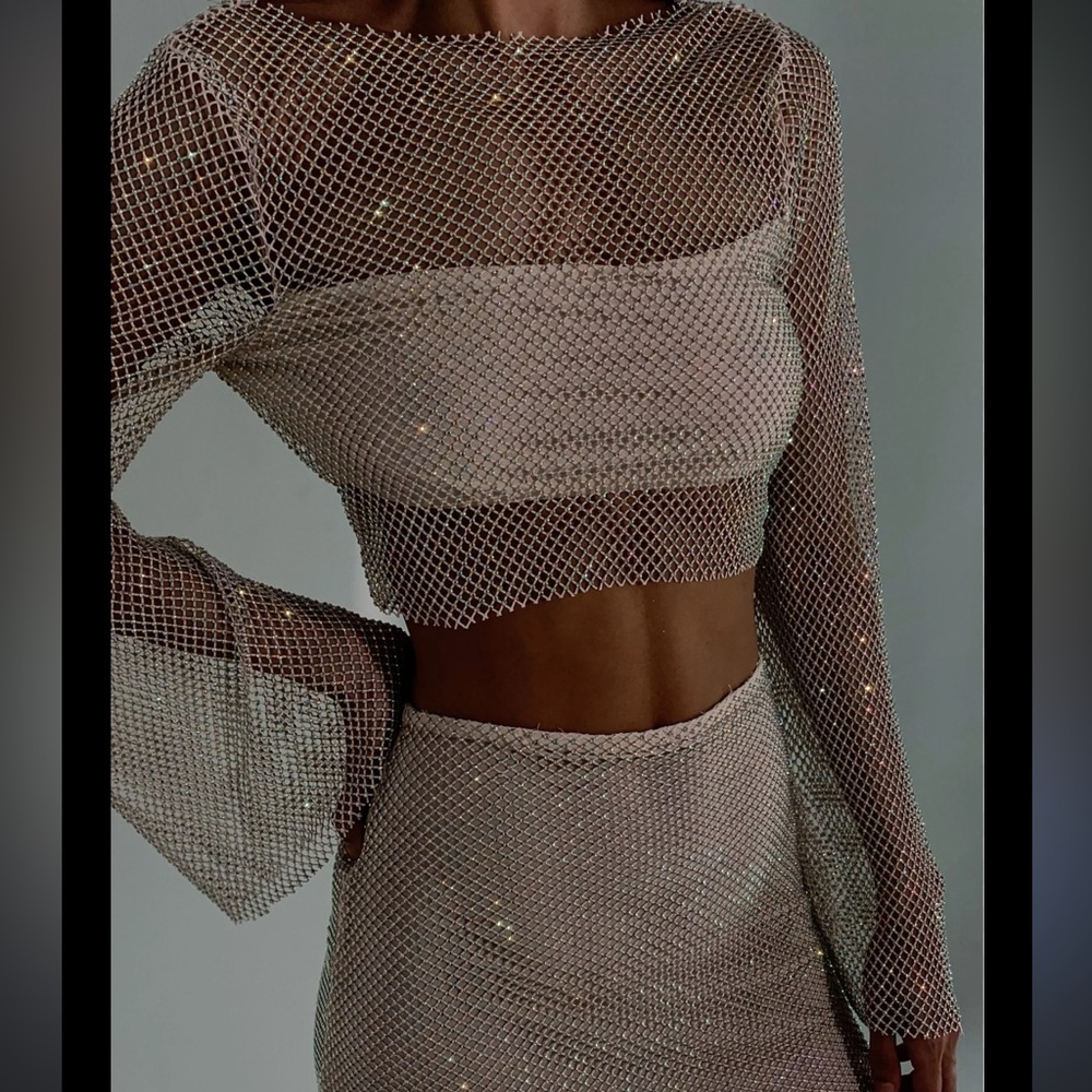 Hilton Diamante Mesh Cowl Top - Cream